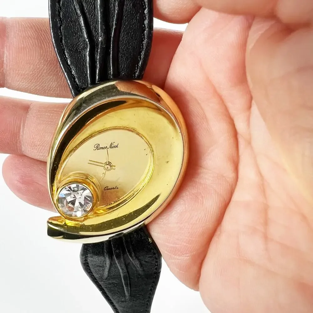 Vintage Renee Nicol quartz watch gold rhinestone diamond and black band working